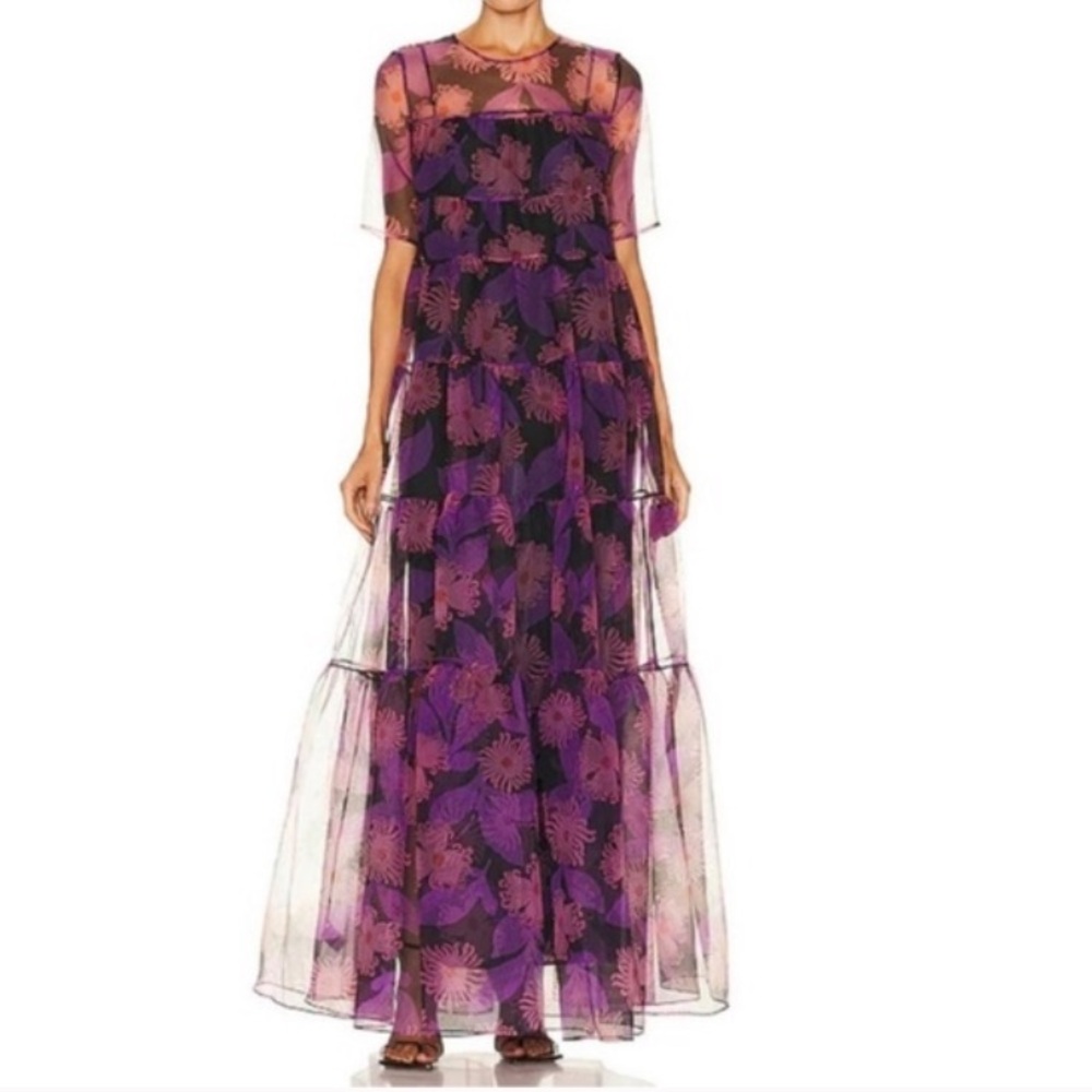 Staud Hyacinth Crepe Organza Tiered Maxi Dress in Quartz Acid Floral NWT XS